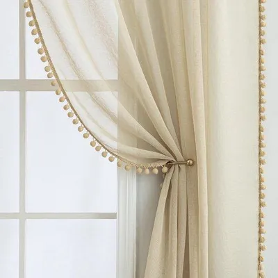 Image de Rideaux Ibzoa® avec pompons décoratifs – Lot de 2 voilages semi-transparents, dimensions : 245 x 140 cm par pièce, 100% polyester, pour chambres d'enfants et salons
