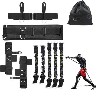 Produktbild von Boksbandenset mit verstellbarem Hüftgurt und Fußschlaufen für Krafttraining – Boxelastikbänder – Explosivitätstraining