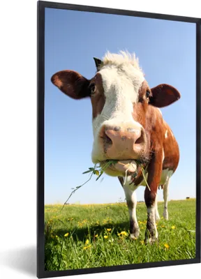 Produktbild von MuchoWow® Gerahmtes Poster Kuh - Tiere - Blumen - Gras 60x90 cm - Poster mit Schwarzem Bilderrahmen Wandposter Rahmen Foto Bilder - Kunst