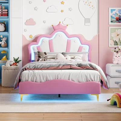 Immagine prodotto di Letto imbottito INONEFT 140x190 cm per bambine, struttura letto per bambini con testiera regolabile a forma di e rete a doghe, letto a tema principessa, letto a due piazze, colore rosa