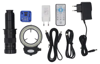 Produktbild von Digitales Mikroskop mit 180-facher Vergrößerung, 144-LED-Ringlicht, 1080p-Videoaufnahme, 24 MP Bildauflösung, industrielle Mikroskopkamera, EU-Stecker