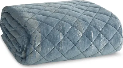 A folded blue quilted blanket with a textured pattern.