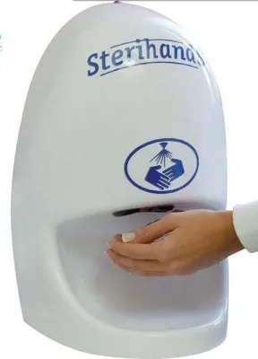 Produktbild von Sterihands aut. Händedesinfektionspender mit Batterie & Wandhalterung nachfüllbar 1L, Farbe:Weiß