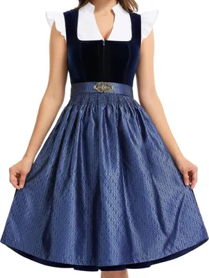 Productafbeelding van Blauwe dirndl-jurk voor dames in midi-lengte met schort en lange rok, maat 38