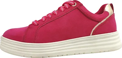 A side view of a pink platform sneaker.