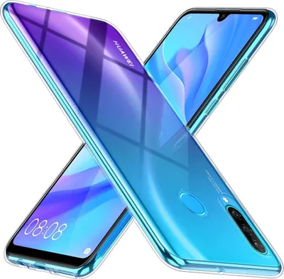 Two transparent phone cases are shown diagonally, overlapping each other against a white background. One case displays a gradient of blue and purple, while the other shows a phone screen with the time 08:08.