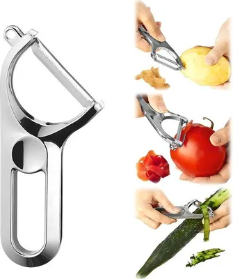 Immagine prodotto di Tagliaverdure multifunzionale, lega di zinco, tagliaverdure 2 in 1 con raschietto e sminuzzatore, lama a doppia lama per patate, ortaggi a radice, cetrioli, mele, verdure, frutta, cucina