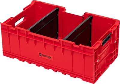 A red plastic tool crate with black dividers, shown from a slightly elevated side angle against a white background.