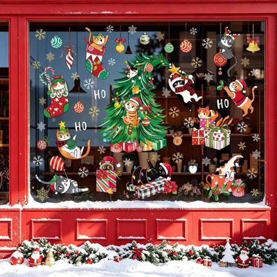 Image de Décorations de fenêtre, thème Noël, chat, lot de 9 pièces, 30 x 20 cm