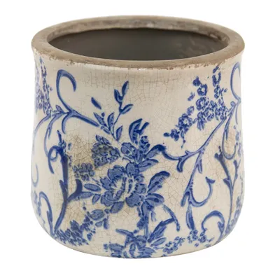 Image de Clayre & Eef Pot de fleurs Ø 12x11 cm Bleu Blanc Céramique Fleurs