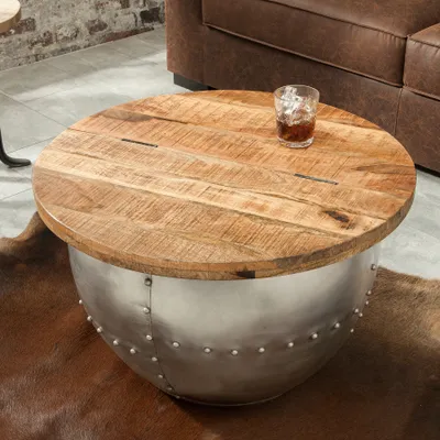 Produktbild von riess-ambiente Runder Couchtisch DRUMP STORAGE 70cm natur silber Mangoholz mit Stauraum Industrial Beistelltisch Tisch