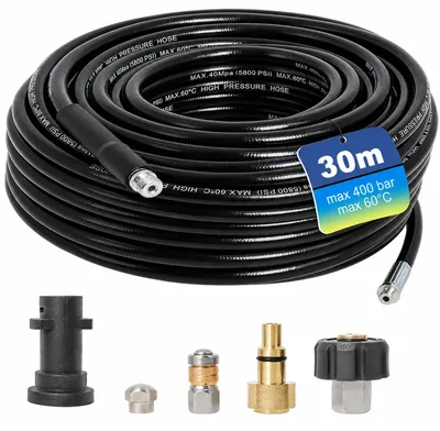 Rohrreinigungsschlauch 30 m, 400 bar, 60 °C, 2 Düsen, 3 Adapter