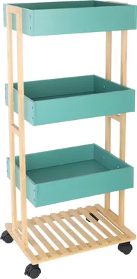 Zdjęcie produktu dla Wózek do serwowania Relaxdays, bambus i MDF, wózek kuchenny z 4 półkami, wózek na kółkach, do kuchni i łazienki, wymiary: 88 x 40 x 30 cm, kolor naturalny/miętowy