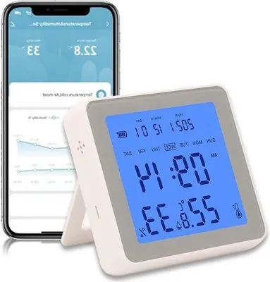 Produktbild von Externe Temperatuur- und Feuchtigkeitssensor mit 3,2-Zoll-Touchdisplay für Heimweinlager und Gartenanwendung.