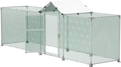 A long, rectangular chicken coop with a white roof and green mesh sides, set against a white background.