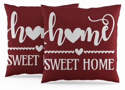 Immagine prodotto di Cuscini decorativi, 50x50 cm, "Home Sweet Home", colore bordeaux, set da 2, in poliestere con cerniera