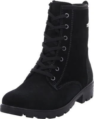 A black lace-up boot with a high shaft.