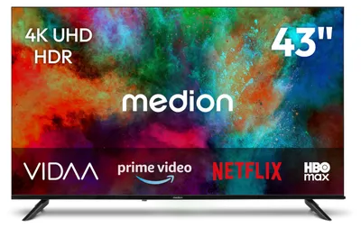 Produktbild von MEDION 108 cm (43 Zoll) Ultra HD Fernseher (Smart-TV, HDR10, VIDAA Store, HBO Max, MagentaTV, Prime Video, Disney+, DAZN, Paramount+, HbbTV, PVR, Bluetooth, MD 843201)