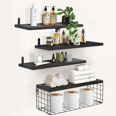 Produktbild von Ibenzoa® Wandregal-Set 4-teilig – schwarze Kiefernholz-Regalbretter 40×15 cm mit Drahtkorb aus verzinktem Stahl (pulverbeschichtet), Selbstmontage