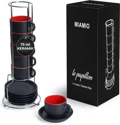 Produktbild von Unyqoos® Espressotassen-Set 6 x 75 ml – Keramik mit Untertassen & Ständer, Le Papillon, matt-schwarze Außenseite, rote Innenseite
