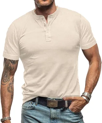 Produktbild von Henleyshirt für Herren mit kurzen Ärmeln, Knopfleiste und schmaler Passform, Slim-Fit-T-Shirt als Sport- und Muskelshirt