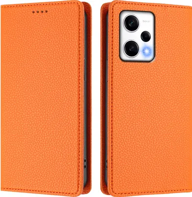 A product shot of an orange leather phone case, shown open and closed.