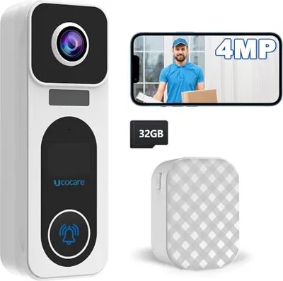 Produktbild von UCOCARE 4MP Türklingel mit Kamera 32GB Speicherkarte-Kein Abonnement Erforderlich, Klingel Gong, Live-Videoanruf Kabellos Video Türklingel,