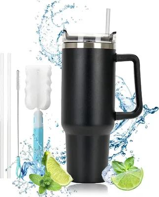 Obrázek produktu pro Dvoustěnný vakuově izolovaný termohrnek z nerezové oceli, přenosný termohrnek do auta, izolovaný termohrnek, nerezová ocel s uchem, termohrnek, 1180 ml - černý