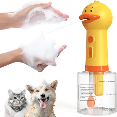 A collage showing a yellow duck-shaped foam dispenser for pet shampoo, hands creating foam, and a cat and dog with foam on their heads.