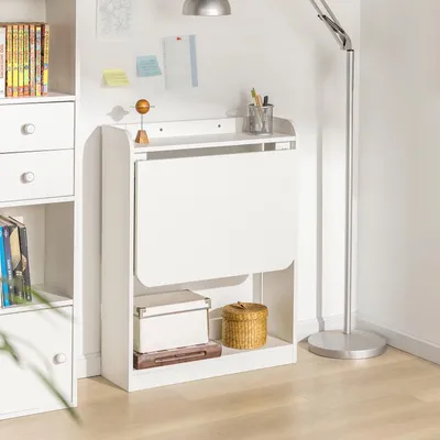 Image de Bureau mural rabattable avec étagères - FWT92 - Bois - Style moderne - Bureau/table d'ordinateur - Largeur 102-152 cm - Blanc
