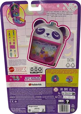 Zdjęcie produktu dla Szkatułka Polly Pocket Bubble Tea Panda 35th, 2 minilaleczki, 12 akcesoriów, zestaw podróżny, stacja z napojami, Mattel HWN95