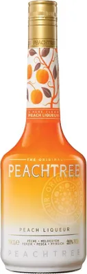 A bottle of Peachtree Peach Liqueur against a white background.