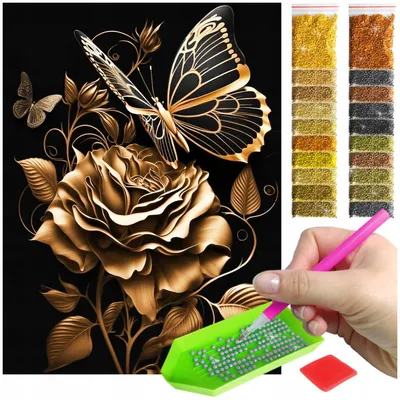 Produktbild von ARTULIO Diamond Painting Set - Schmetterling auf goldschwarzer Rosenblüte - 30 x 40 cm - 5D Crystal Art, Home Wand Deko