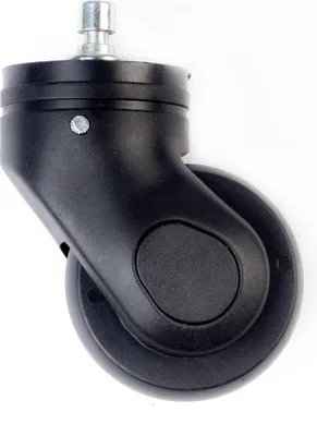 A close-up studio shot of a black office chair caster wheel.