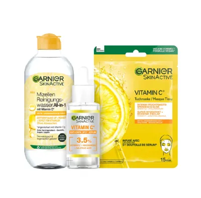 Produktbild von Garnier Pflegeset für das Gesicht, Mit Mizellen Reinigungswasser, Vitamin C Serum und Tuchmaske