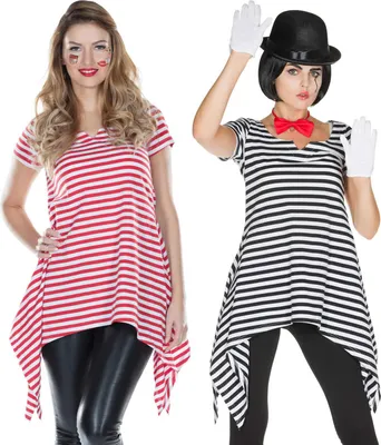 Two women dressed in striped costumes, one in red and white, the other in black and white, posing against a white background.