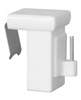 A white plastic window hook with a silver metal clip.
