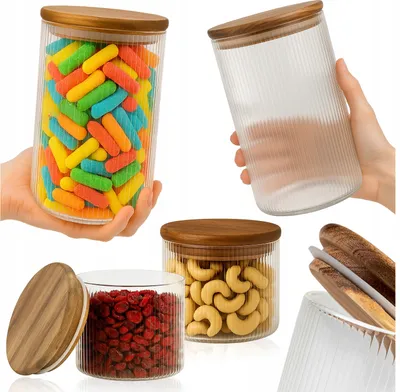 Zdjęcie produktu dla SuperButelki - Zestaw pojemników szklanych, 2x 390ml, 2x 1l, ryflowane, z zakrętką z drewna akacjowego, do przechowywania, uniwersalne 4 sztuki
