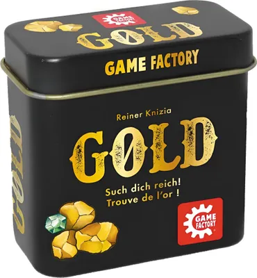 A black tin box for a board game, featuring gold lettering and images of gold nuggets and a gemstone.