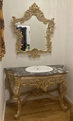 Immagine prodotto di Casa Padrino Set da bagno barocco grigio / oro - 1 lavabo & 1 lavabo in Vetroceramica & 1 specchio da parete - Mobili da bagno in stile barocco - Mobili barocchi - Arredi barocchi