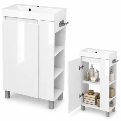 Produktbild von paplinskimoebel Waschbeckenunterschrank MDF Weiß Links/Rechts Sink Gäste WC Toilette Badmöbel Regal Mineralguss Top Stehend/Hänged Türe Lackierte, KI-generiertes Bild