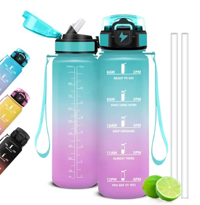Produktbild von Sportflasche, 1 Liter, mit Trinkhalm und Motivationsplänen