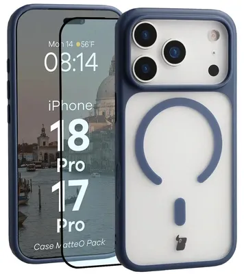 Produktbild von Schutzhülle mit Magnetring + gehärtetem Glas für iPhone 18 Pro / 17 Pro, Bizon MatteO Pack, Getönt-Dunkelblau