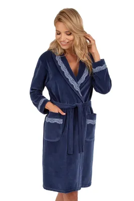 Produktbild von Vivisence dame bademantel nachtwäsche kragen taschen langarm 5017 robe, in eu hergestellt, dunkelblau, m