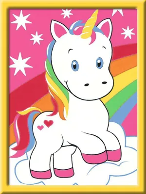 A cartoon unicorn sitting on clouds with a rainbow in the background.
