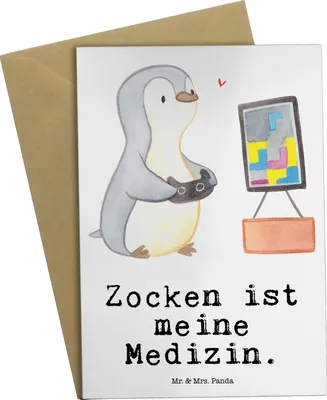 Produktbild von Mr. & Mrs. Panda Glückwunschkarte Pinguin Zocken - Weiß - Geschenk, einladungskarten, Grußkarten, dankeskarten, Videogames, weihnachtskarten, babykarte, Videospiele