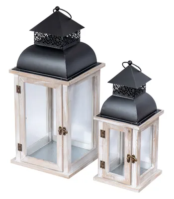 Produktbild von 2er Set Laterne Weiß Holz Metall Kerzenhalter Windlicht Gartendeko Weiß gewischt Holzlaterne Gartenlaterne Gartenbeleuchtung Dekoration Vintage Shabby