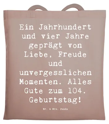 Produktbild von Mr. & Mrs. Panda Schultasche Spruch 104. Geburtstag - Braun Pastell - Geschenk, Andenken, Alter, Büchertasche, Laptoptasche, Shopping Tasche, Tote Bag, Uni, Freude