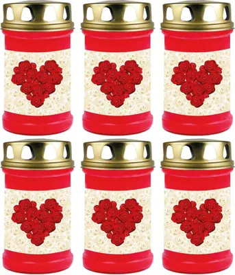 Produktbild von Grabkerze Rot 6er Pack, Brenndauer: 48 Stunden ( je Kerze ), Motiv: Rose Herz