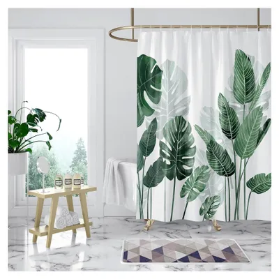 Produktbild von Duschvorhang 180x180 Anti-Schimmel mit grünen Blättern Wasserabweisend aus Polyester Waschbar mit 12 Duschvorhängeringen